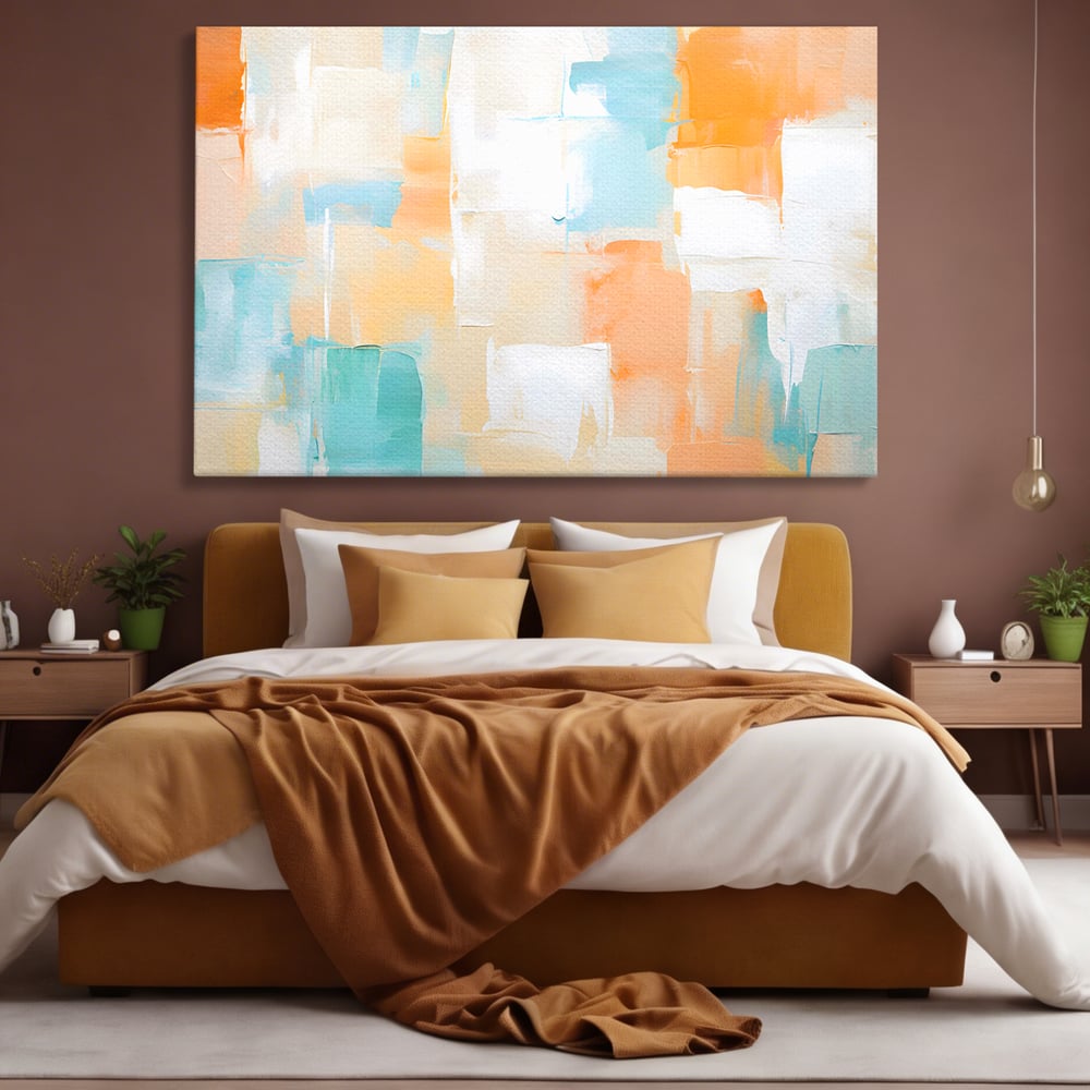 Tablou canvas cu pictura abstracta cu pete colorate, fara rama, pe sasiu de lemn, pe perete intr-un dormitor